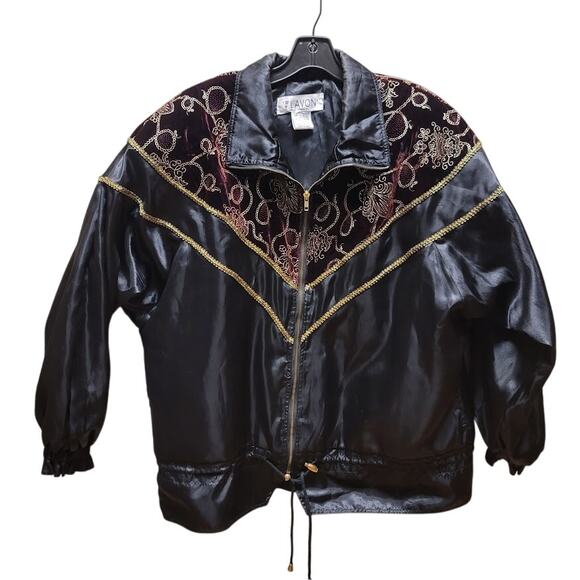 Lavon Jackets & Blazers - Vintage LAVON Windbreaker Jacket Women LARGE Velour Embroidered Gold cinched 90s